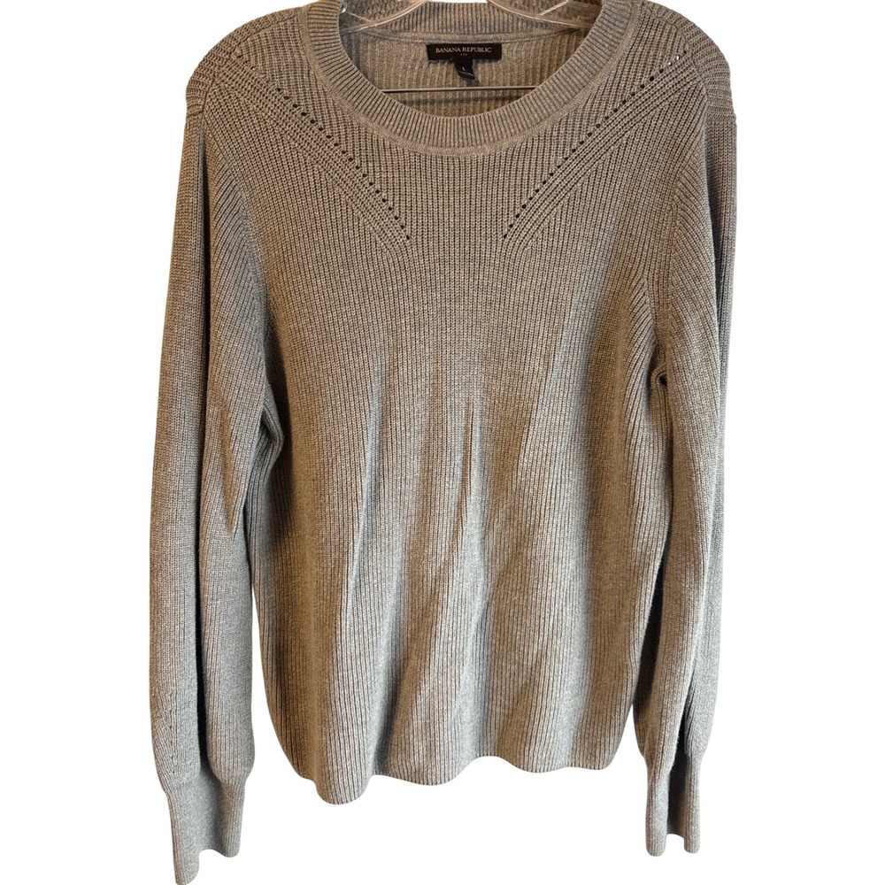 Banana Republic Womens Grey Ribbed Pointelle Crew Neck Balloon Sleeve Sweater L